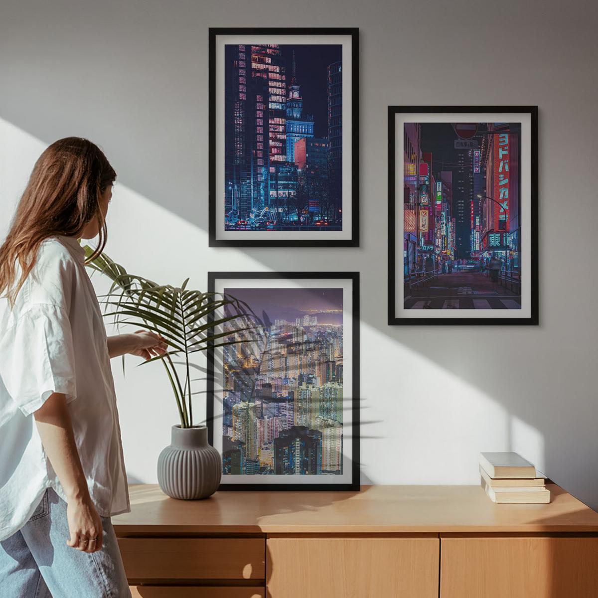 BILDER SET 3er Set - 40x60 cm Schwarzer Rahmen - Neonlichter der nächtlichen Stadt - Schwarz, Kunststoff (40/60cm) - TULUP