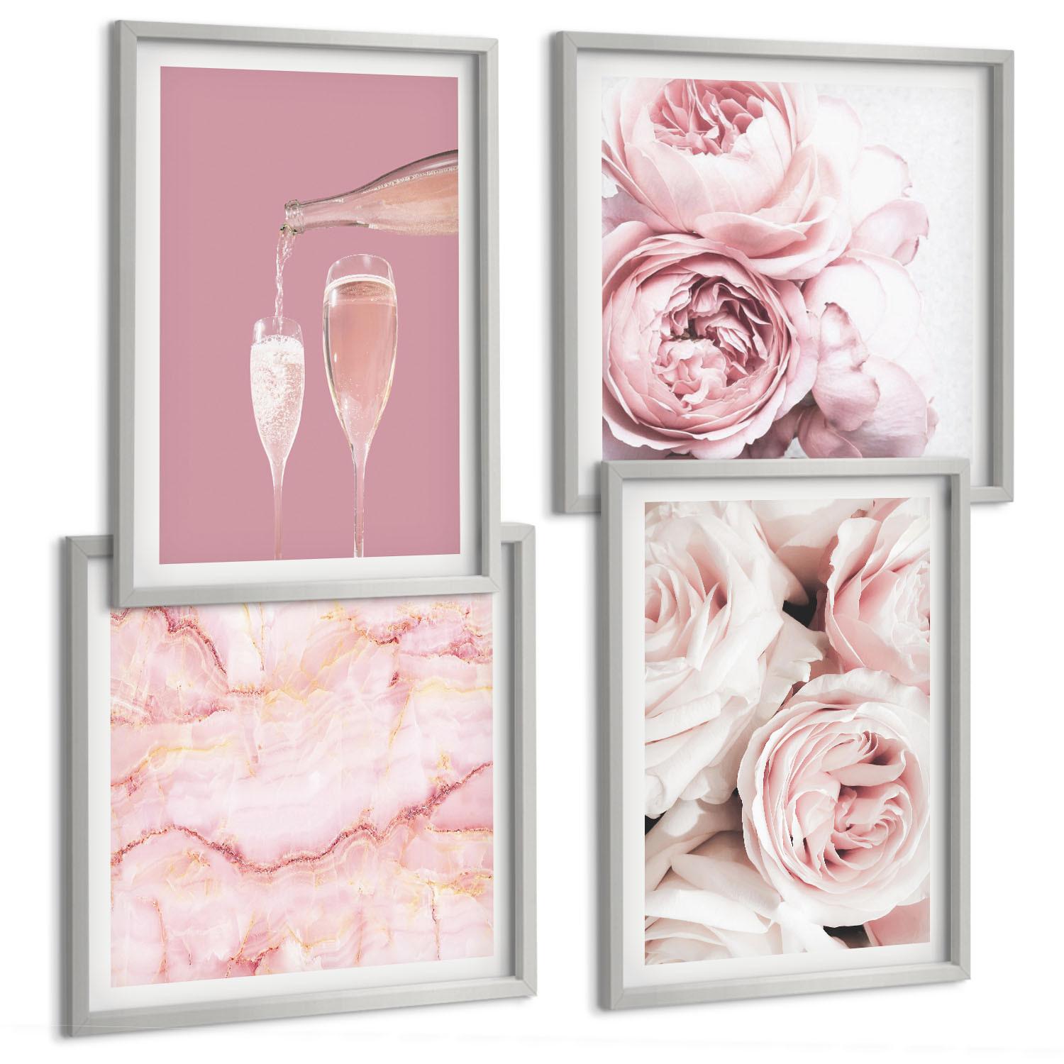 BILDER SET 4er Set - 50x50 cm & 40x60 cm Silberner Rahmen - Rosen, Champagner, Marmor, Pastell - Silberfarben, Kunststoff (50/50cm) - TULUP