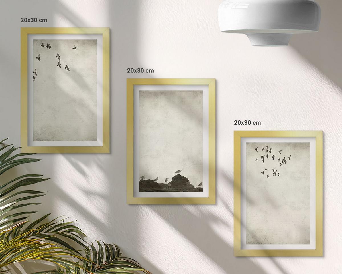 BILDER SET 3er Set - 20x30 cm Goldrahmen - Fliegende Vögel Minimalismus - Goldfarben, Kunststoff (20/30cm) - TULUP