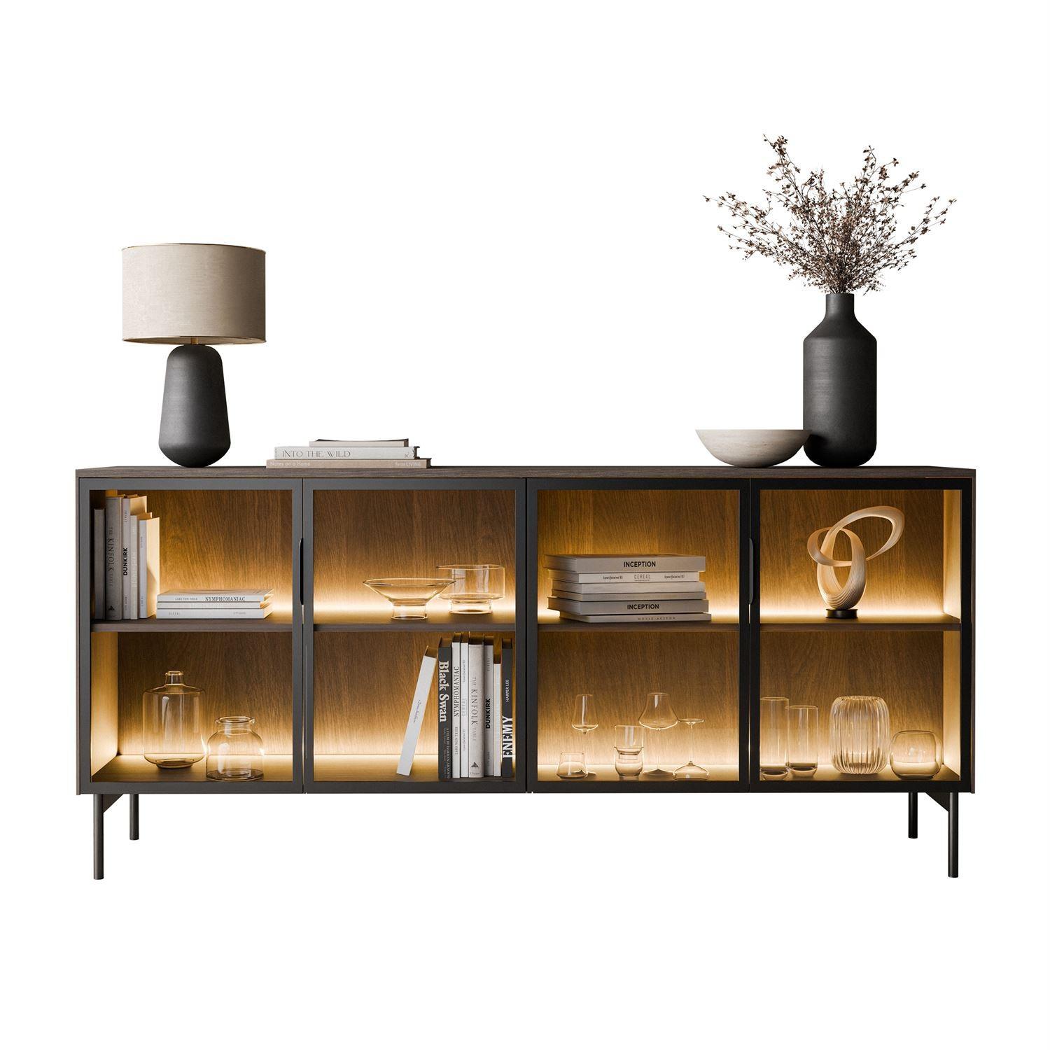 SIDEBOARD LINEA LOFT mit Glasfronten und LED-Beleuchtung Eiche + Schwarz - Eichefarben, Holzwerkstoff (181/83/39cm) - Lookway