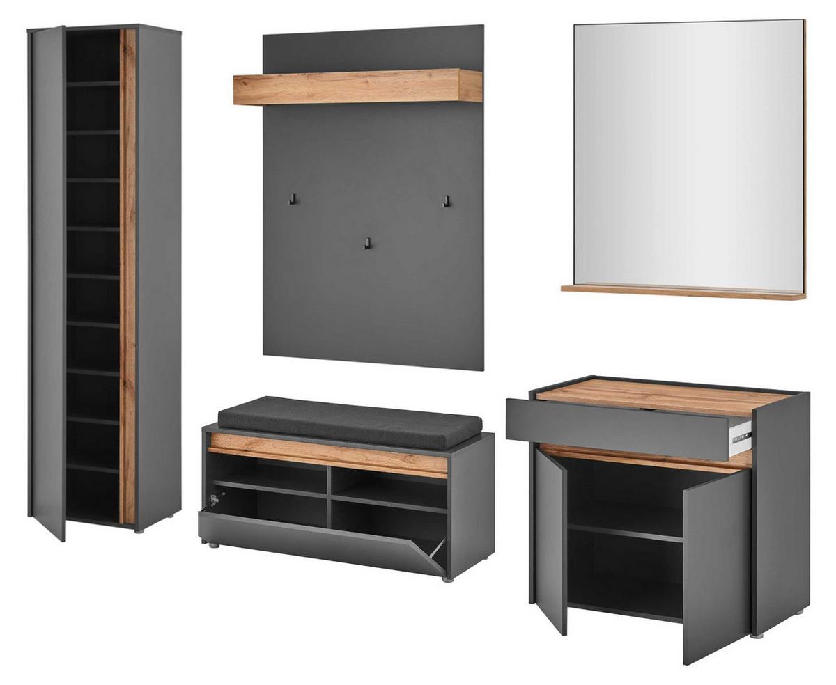 GARDEROBEN-SET Grau mit Eiche Wotan, 6-teilig 260 x 200 cm mit viel Stauraum, inklusive Sitzkissen - Eiche Wotan/Silberfarben, Glas/Holzwerkstoff (260/200/40cm) - Furn.Design