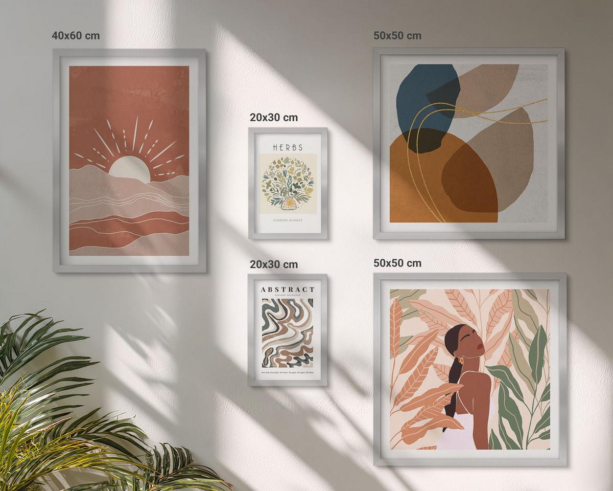 BILDER SET 5er Set - 50x50 cm & 20x30 cm & 40x60 cm Silberner Rahmen - Boho-Ästhetik, Pastellposter - Silberfarben, Kunststoff (40/60cm) - TULUP