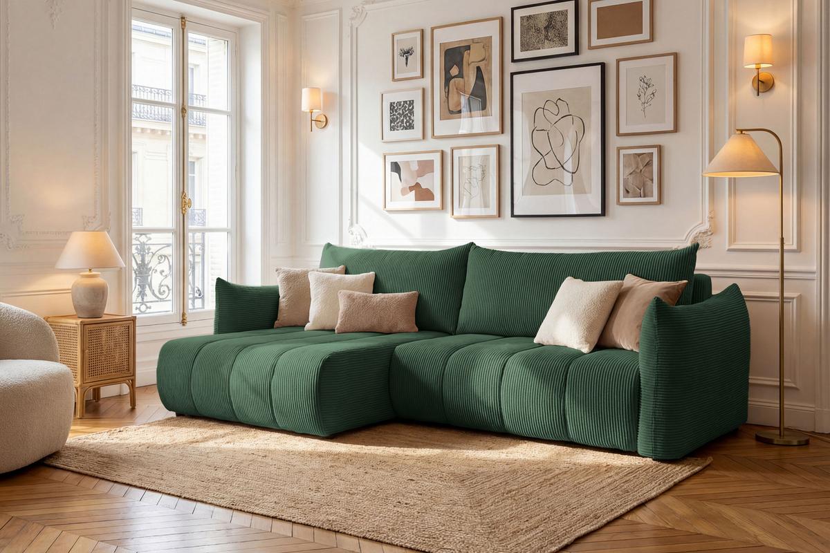 ECKSOFA Liv mit Schlaffunktion & Bettkasten in Cordstoff Dunkelgrün, Universell 260/154/86 cm - Schwarz/Grün, Kunststoff/Textil (260/154cm) - WFL GROUP