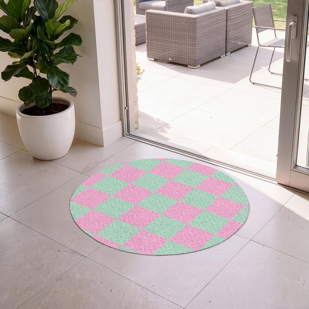 FUSSMATTE Schachbrettmuster - Grün - Rosa - Würfel Fußabtreter 90x90 cm - Mintgrün, Kunststoff (90/0.4cm) - MuchoWow