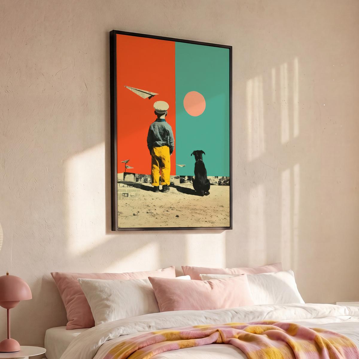 LEINWAND Bilder mit Rahmen - Retro - Junge - Hund - Rot - Grün - 80x120 - Orange, Textil (80/120cm) - MuchoWow