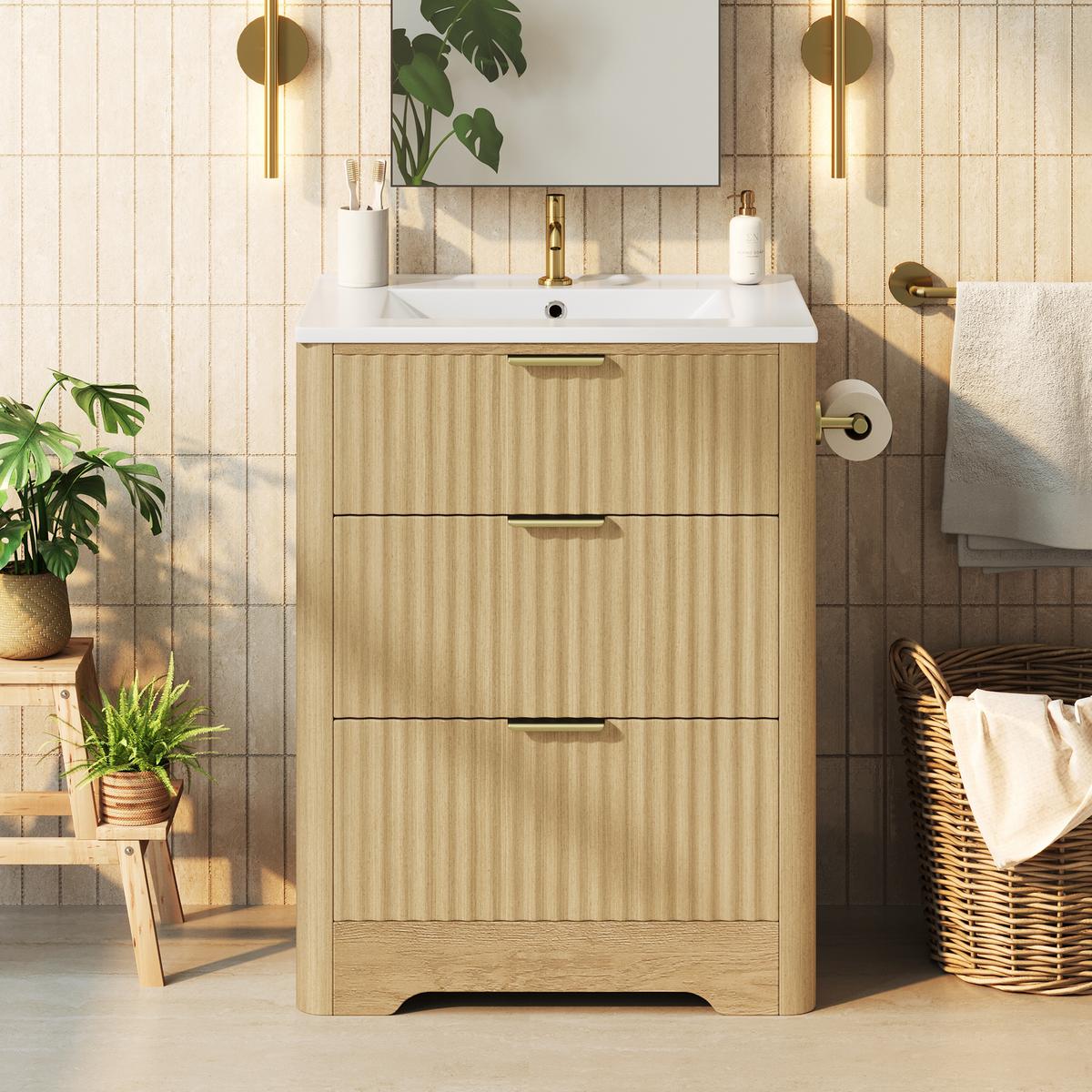WASCHTISCHUNTERSCHRANK Holzoptik mit 2 Schubladen & Papierhalter - Naturfarben, Holzwerkstoff (61/82/47cm) - Urban Meuble