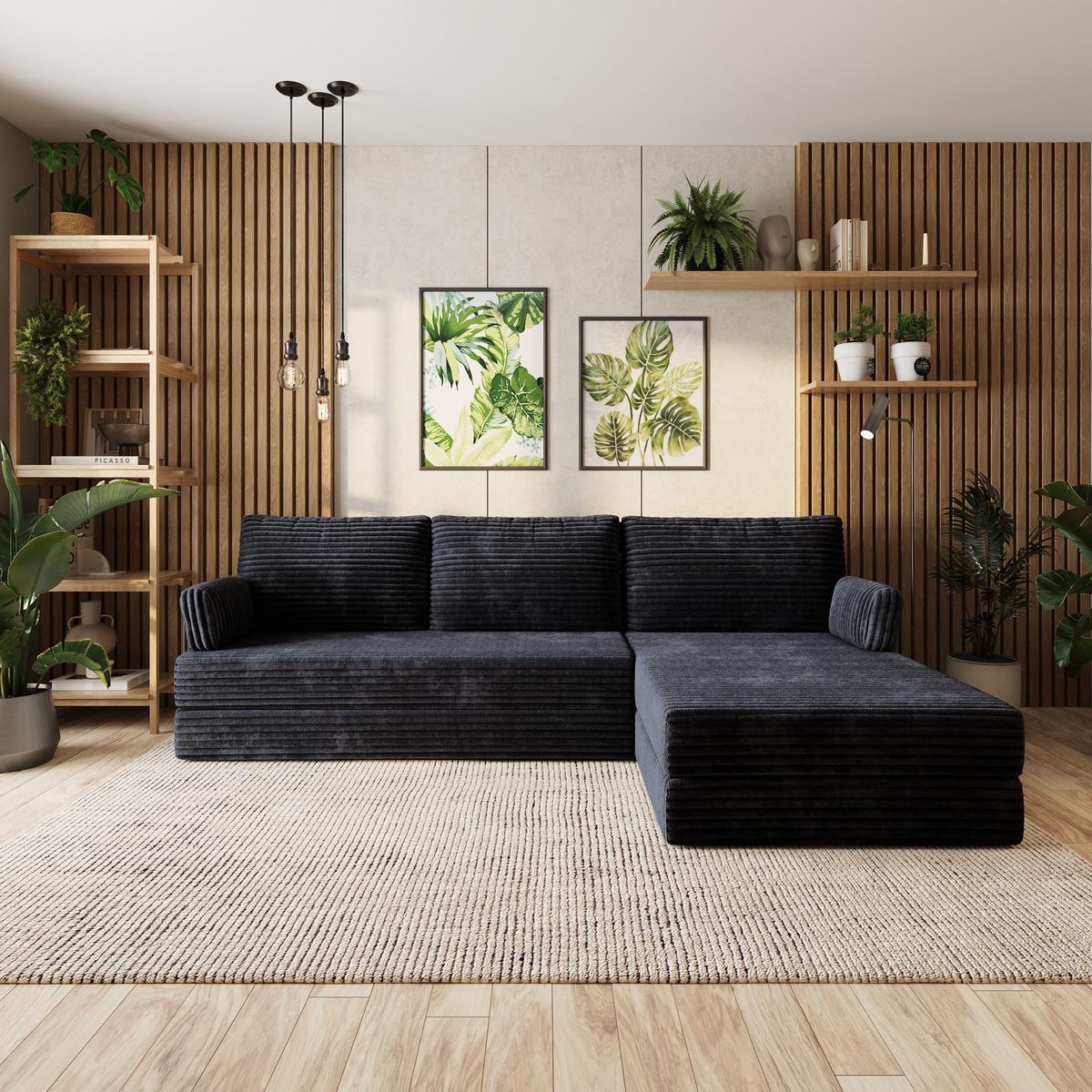 ECKSOFA ANKO modulares Boneless Sofa mit Schlaffunktion Schwarz Kordstoff - Schwarz, Textil (270/160cm) - MASSENO
