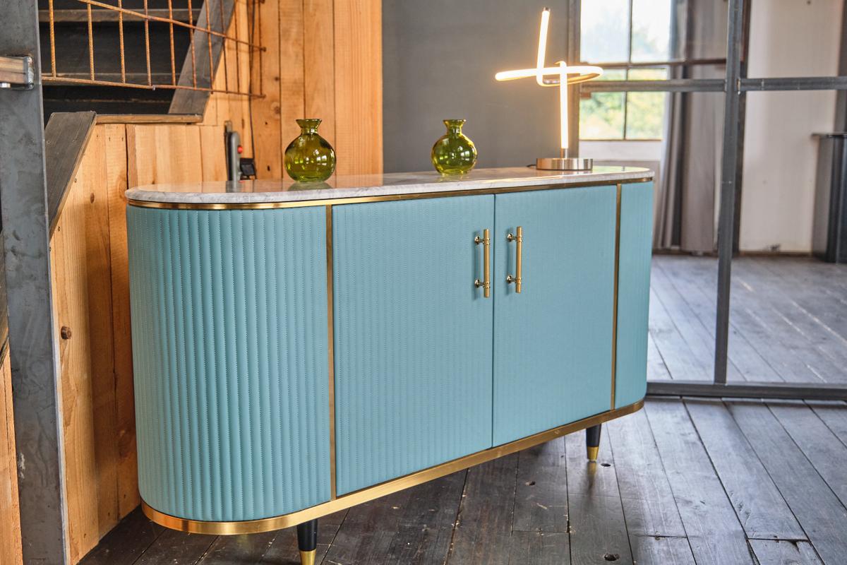 SIDEBOARD MARIA Hellblau Marmor, Kunstleder - Schwarz/Hellblau, Stein/Metall (150/76/40cm) - KAWOLA