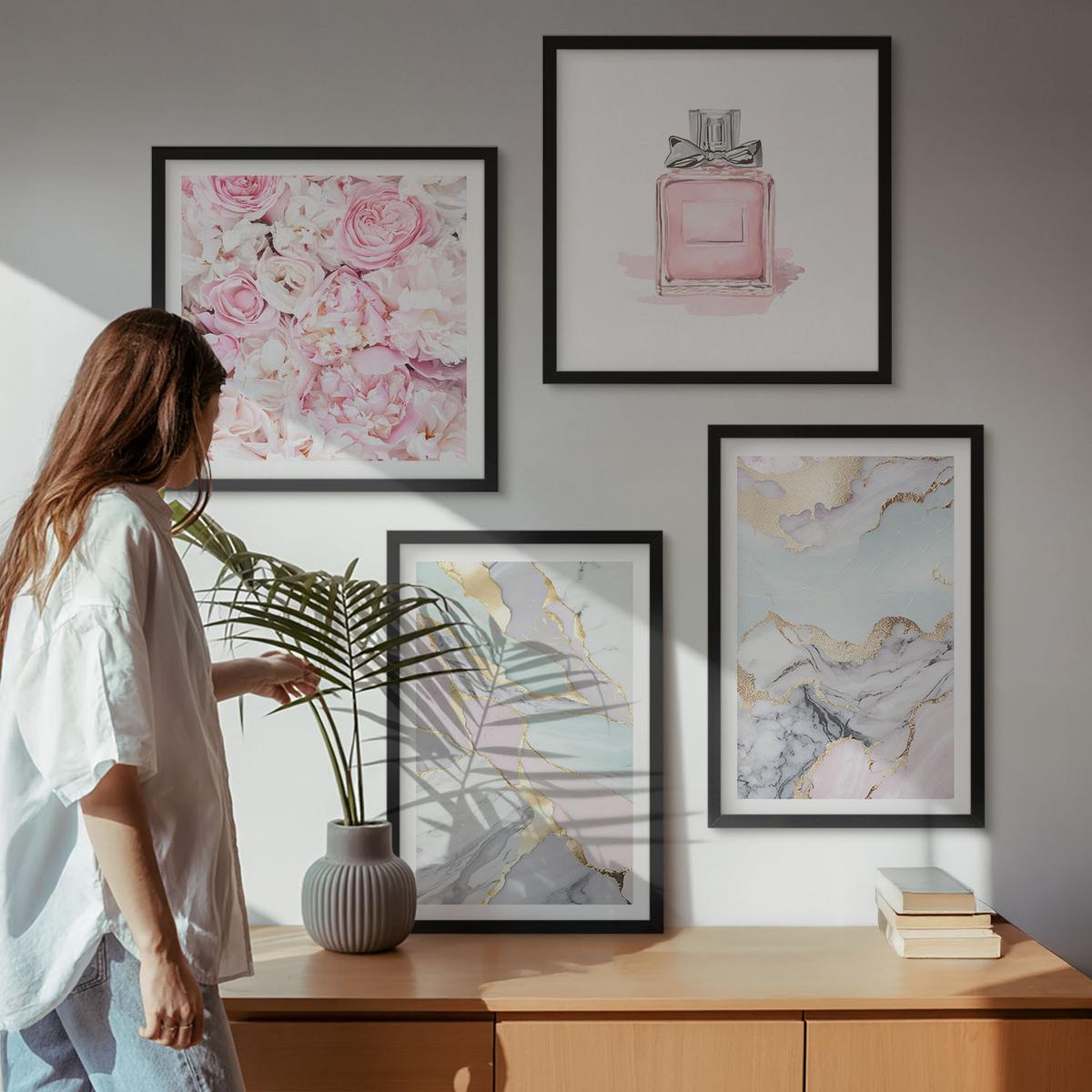 BILDER SET 4er Set - 50x50 cm & 40x60 cm Schwarzer Rahmen - Rosa Blumen Marmor Pastell - Schwarz, Kunststoff (50/50cm) - TULUP