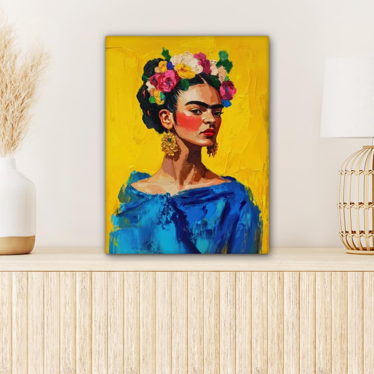LEINWANDBILD Frida Kahlo - Frau - Gelb - Blau - Blumen Room Decor 30x40 cm - Gelb, Textil (30/40cm) - MuchoWow
