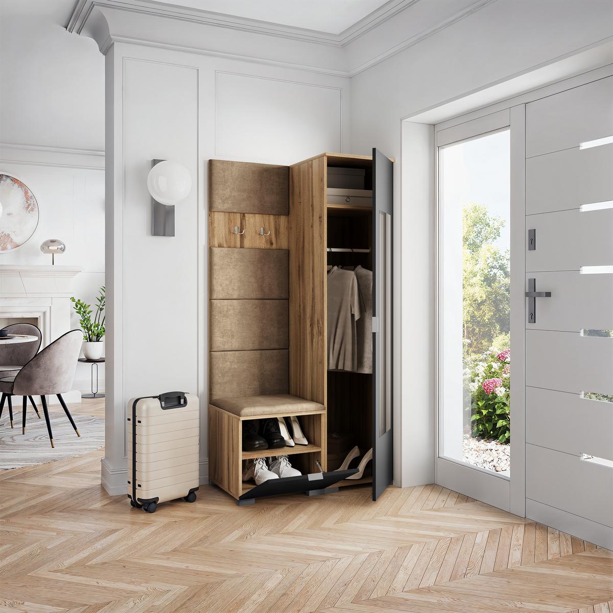 GARDEROBENSCHRANK VIRA 95/181/51 cm Modern Garderobe-Set Eiche Wotan - Eiche Wotan/Schwarz, Holzwerkstoff (95/181/51cm) - MASSENO