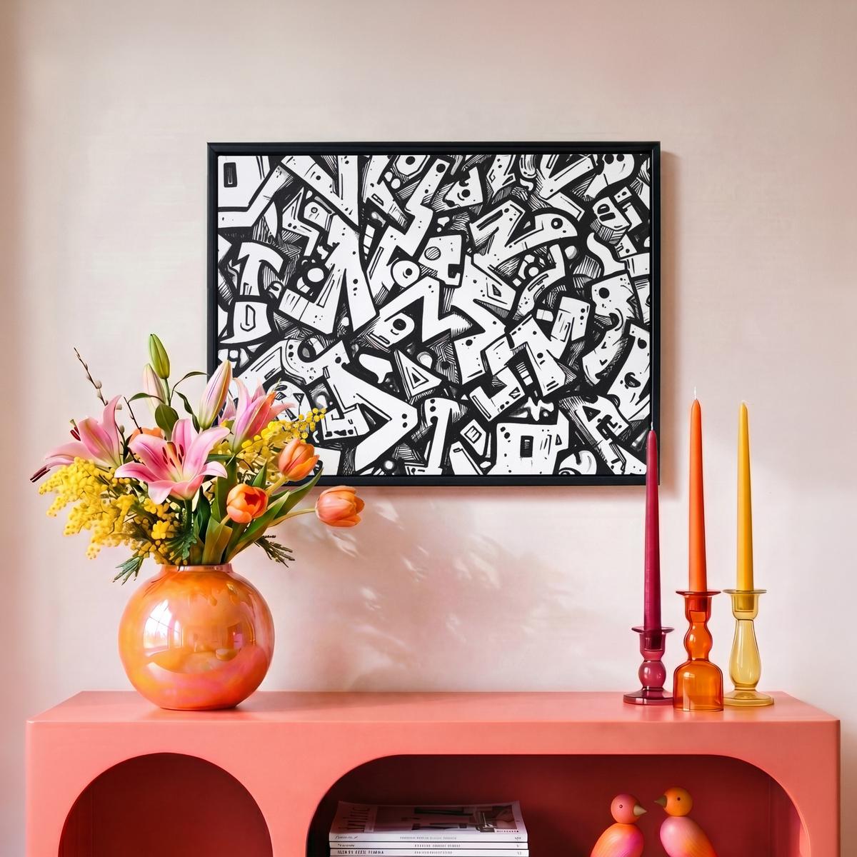 LEINWAND Bilder mit Rahmen - Formen - Buchstaben - Graffiti - Schwarz - 40x30 - Schwarz, Textil (40/30cm) - MuchoWow