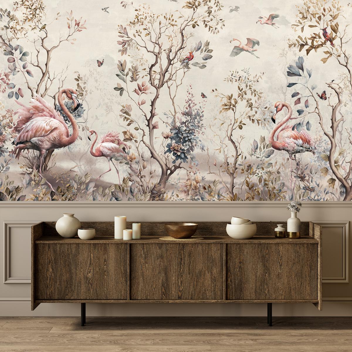 FOTOTAPETE für Wohnzimmer Wunderschöne Flamingos Natur Schmetterlinge 100x70 - Multicolor, Papier (100/70cm) - Muralo