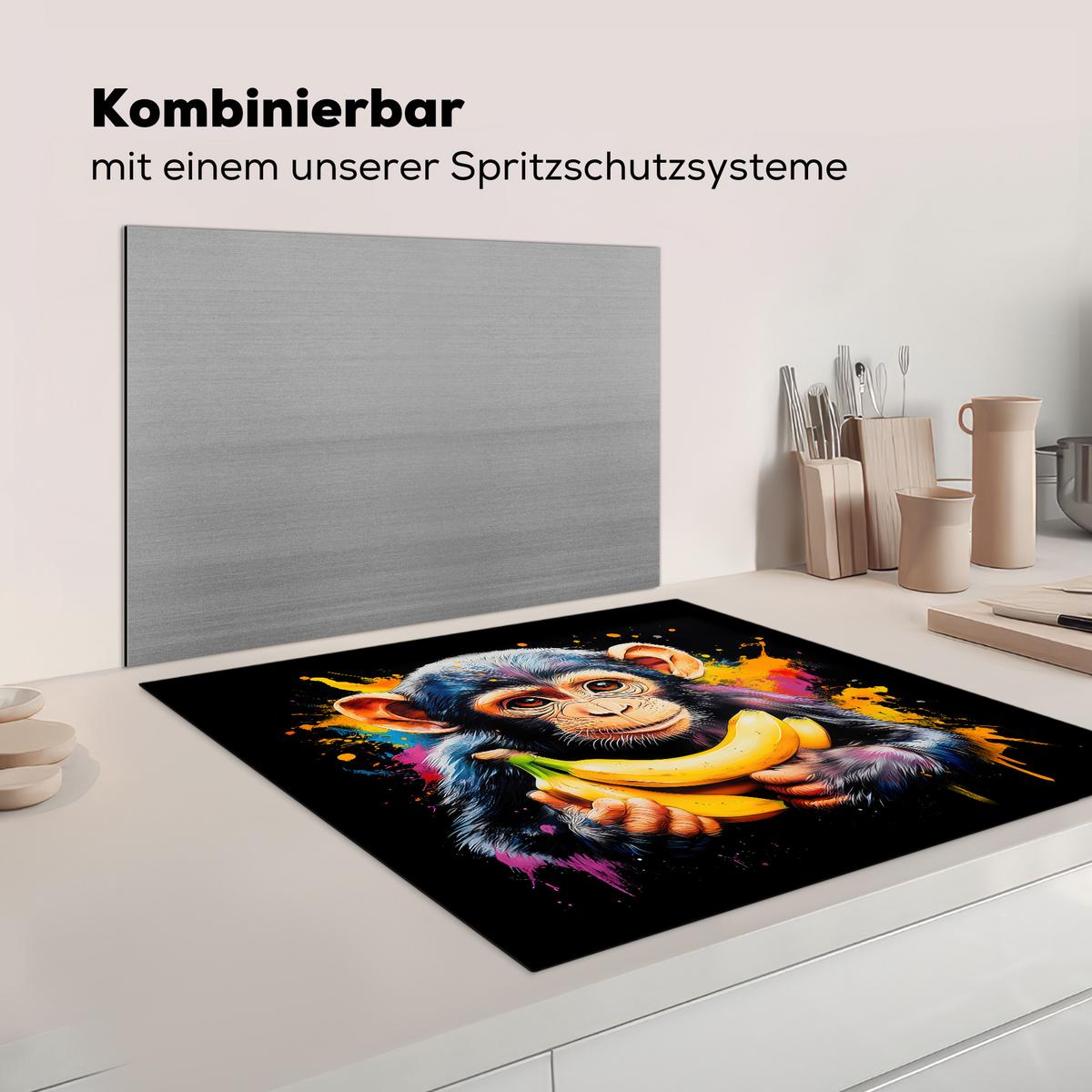 HERDABDECKPLATTE Affe - Graffiti - Farbenfroh - Bananen - Modern Induktionsmatte 78x78 cm - Gelb, Kunststoff (78/78/0.2cm) - MuchoWow