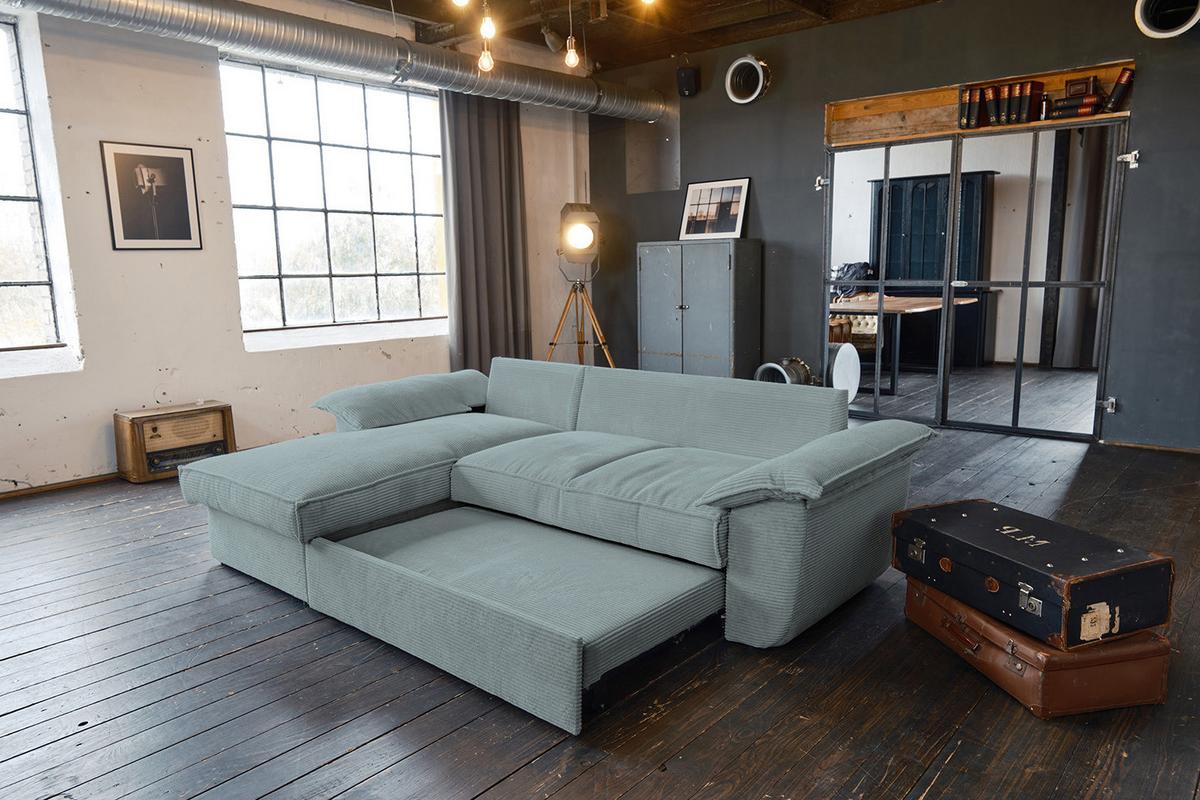 ECKSOFA DAMETO Hellblau Cord Mit Schlaffunktion - Schwarz/Hellblau, Kunststoff/Textil (266/174cm) - KAWOLA