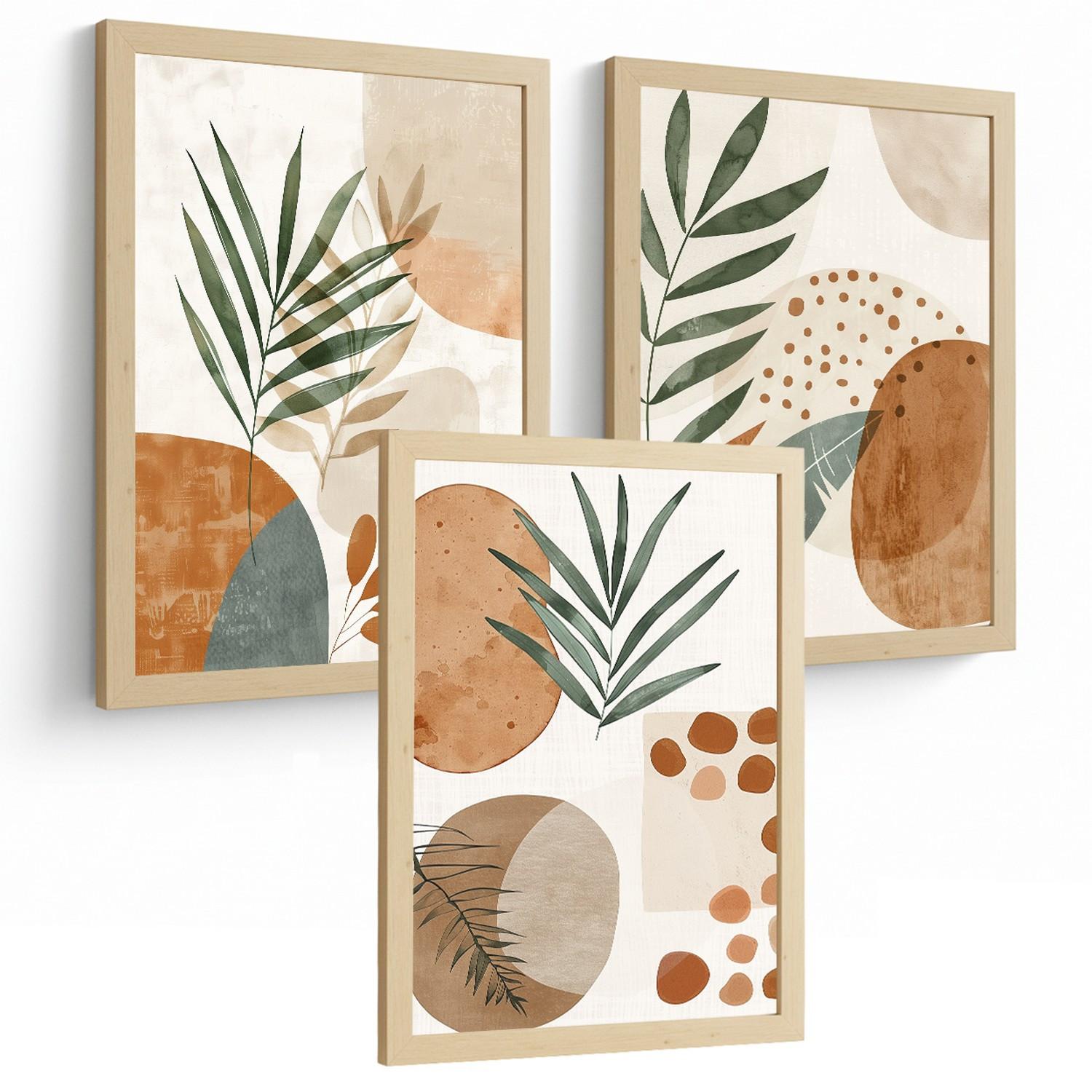 POSTER 3er Kunstdruck-Set Wandbilder Floral Abstrakt modern Wohnzimmer Deko, Schlafzimmer, Küche, Badezimmer Leichter Holzrahmen A4 - Beige, Papier (29.7/1/21cm) - Nacnic