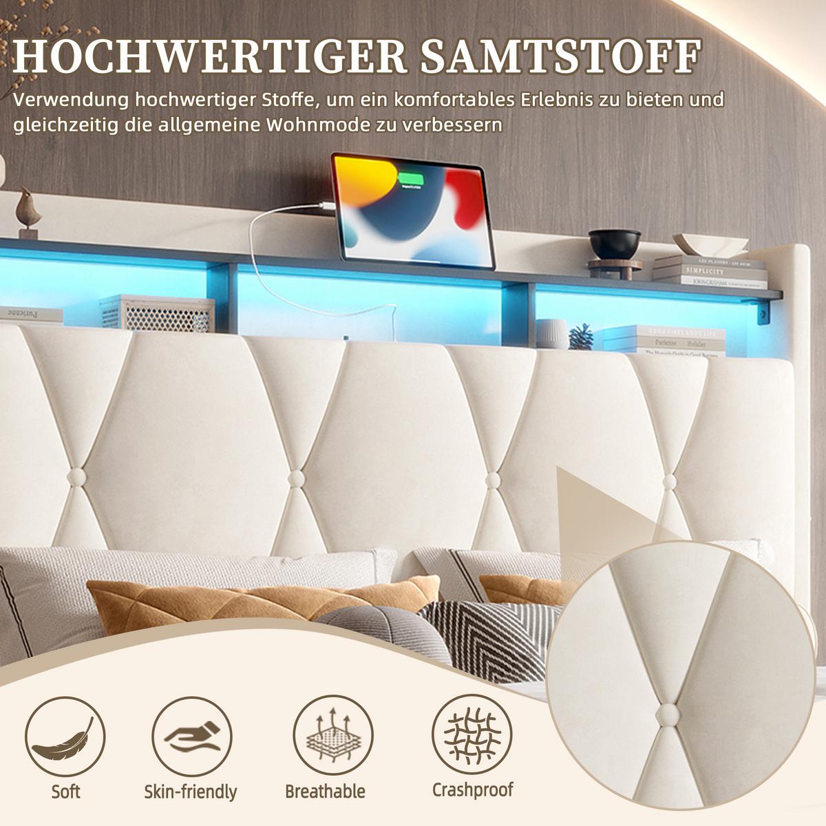 POLSTERBETT samt beige 160x200 cm mit led-beleuchtung, usb-c & stauraum-kopfteil - Beige, Textil (160/200cm) - Urban Meuble