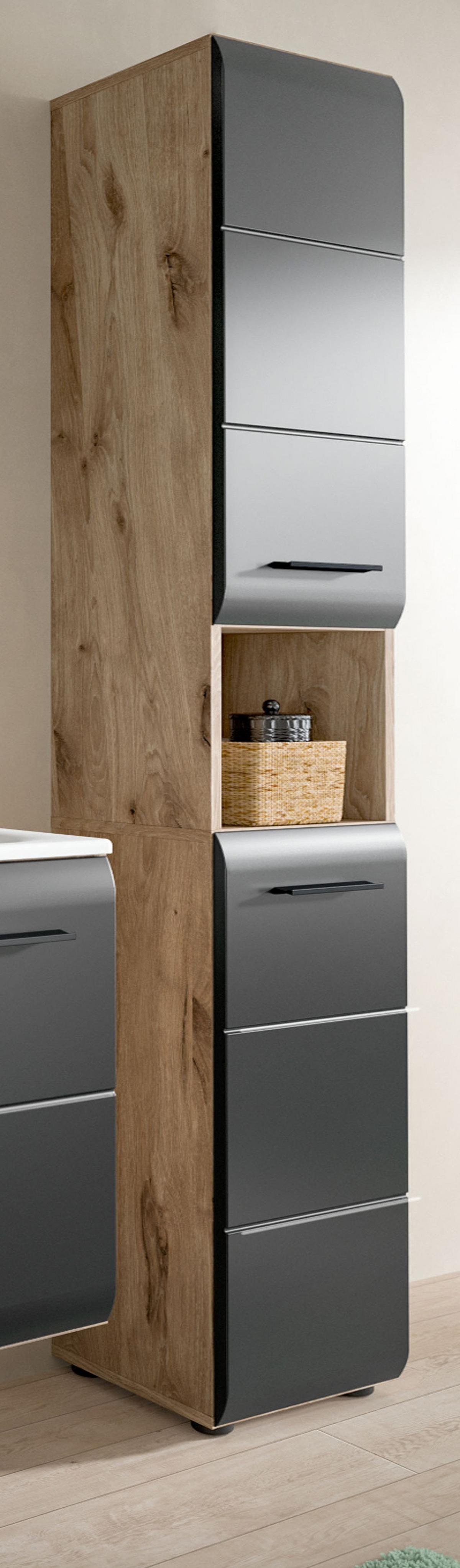 HOCHSCHRANK schwarz matt, Eiche Nox, Badschrank 2-türig 30 cm, 7 Fächer - Eichefarben/Schwarz, Holzwerkstoff/Kunststoff (30/185/30cm) - Inn.Furn