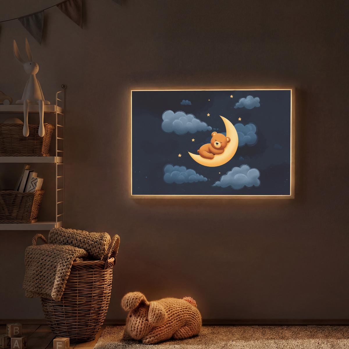 NACHTTISCHLAMPE MIT AKKU Teddybär - Mond - Wolken - Sterne 100x70 cm - Dunkelblau, Holzwerkstoff (8/100/70cm) - OnlyWow