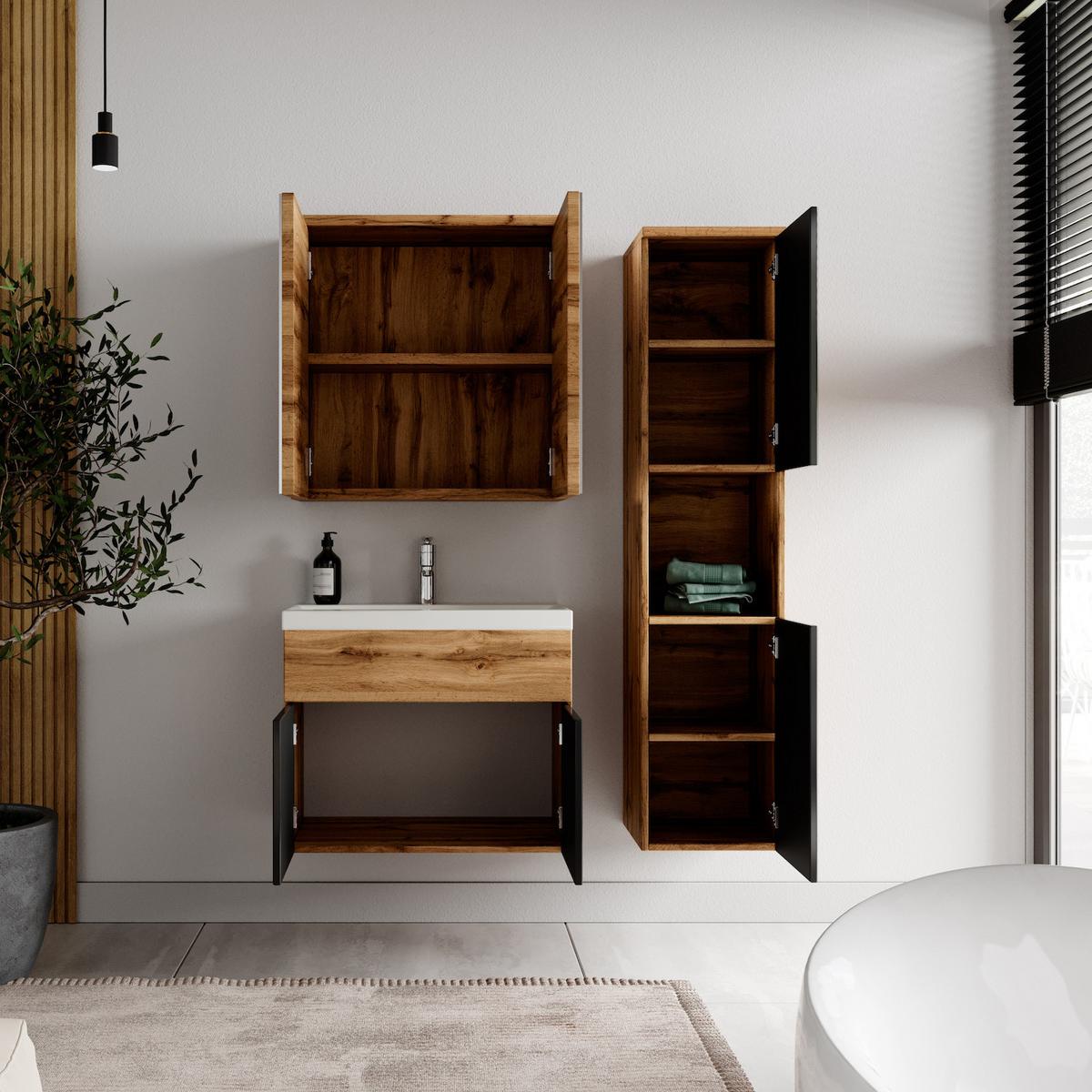 BADMÖBEL-SET Montreal 4 Teile Eiche / Schwarz Spiegelschrank - 60 x 35 x 51 cm - Eichefarben/Schwarz, Holz (60/51/35cm) - Badplaats