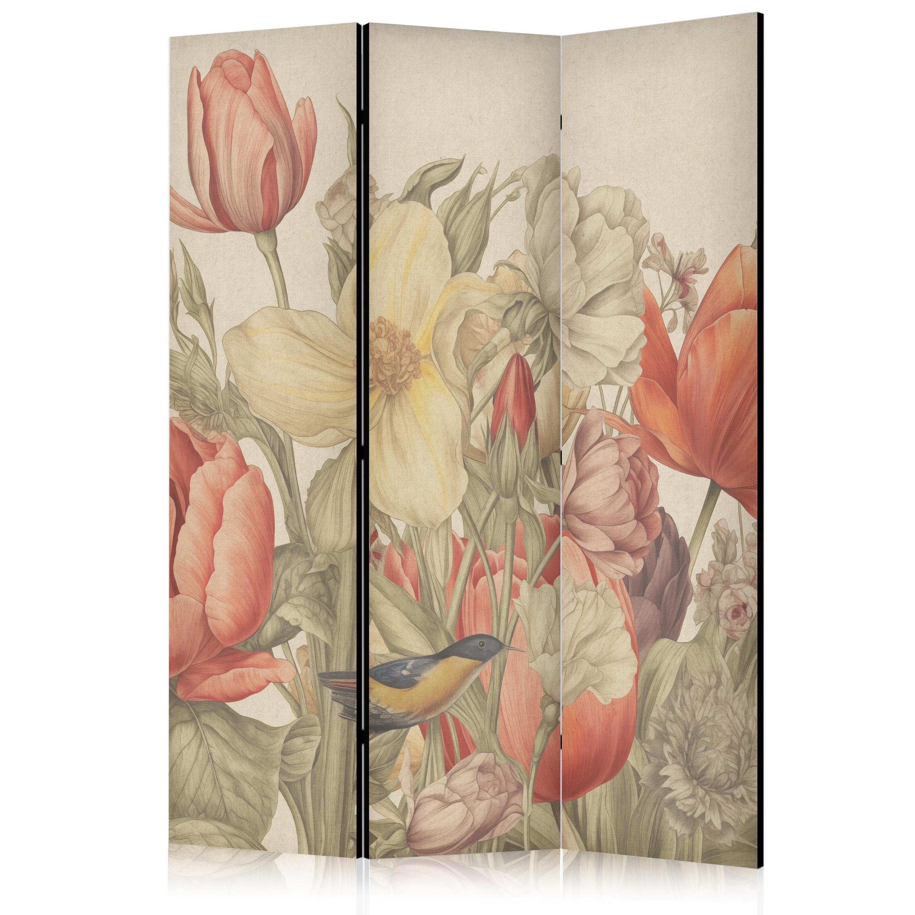 PARAVENT Einseitig Bedruckter 3-tlg 135x172 cm Retro Tulpen - Multicolor, Holz/Textil (135/172/3cm) - Muralo