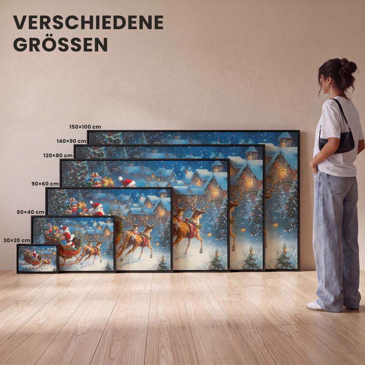LEINWAND Bilder mit Rahmen - Weihnachtsmann - Rentier - Weihnachten - Schnee - 90x60 - Cognac, Textil (90/60cm) - MuchoWow