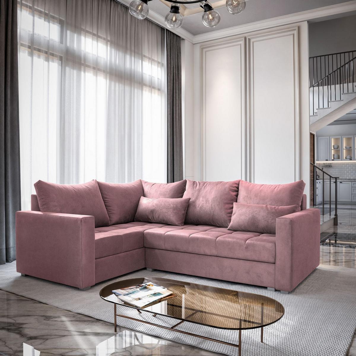 ECKSOFA LIRENO L-S Rosa Plüsch-Stoff mit Schlaffunktion - Rosa/Grau, Holz/Kunststoff (220/153cm) - MASSENO