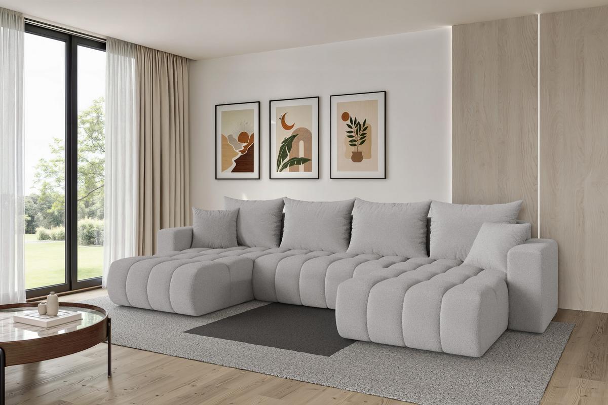 WOHNLANDSCHAFT mit Schlaffunktion und Bettkasten MILA-U-v1 378x194x86 Hellgrau Bouclé - Silberfarben/Hellgrau, Holzwerkstoff/Kunststoff (378/86/194cm) - ALTDECOR