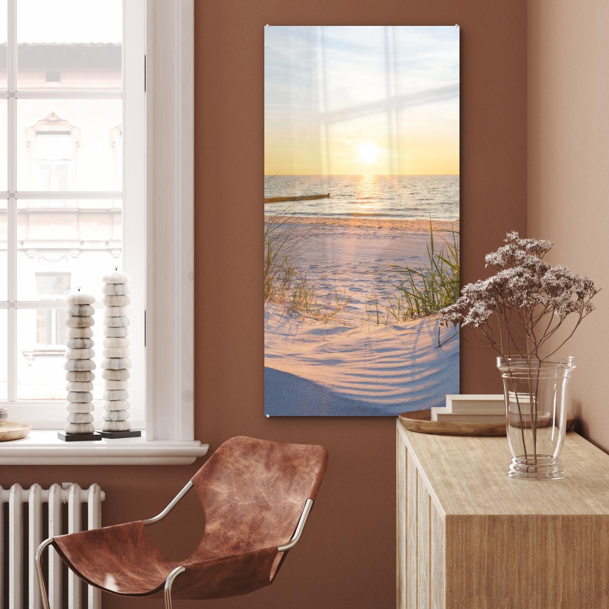 ACRYLGLASBILD Strand - Sonne - Düne - Gras - Sand - Horizont 60x120 cm - Hellblau, Glas (60/120cm) - MuchoWow