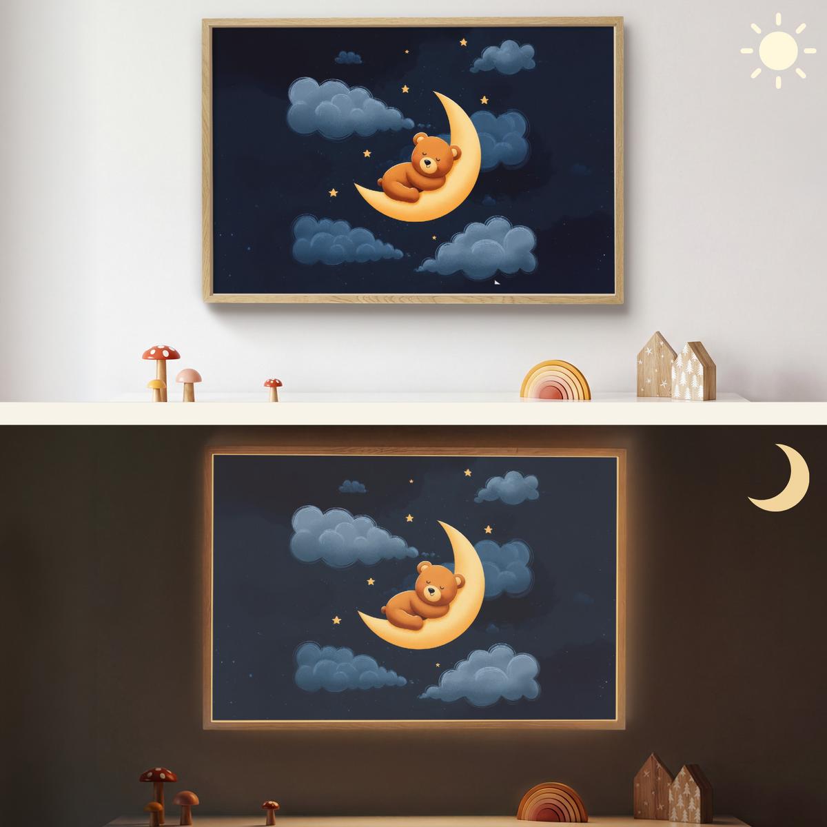 WANDLEUCHTE MIT AKKU Teddybär - Mond - Wolken - Sterne 100x70 cm - Dunkelblau, Holzwerkstoff (100/70/8cm) - OnlyWow