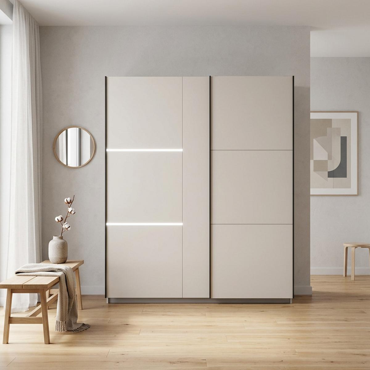 SCHWEBETÜRENSCHRANK Travis mit 2 Türen und LED-Beleuchtung, 200 cm, Kaschmir - Kaschmir, Holzwerkstoff (200/215/65cm) - Beautysofa