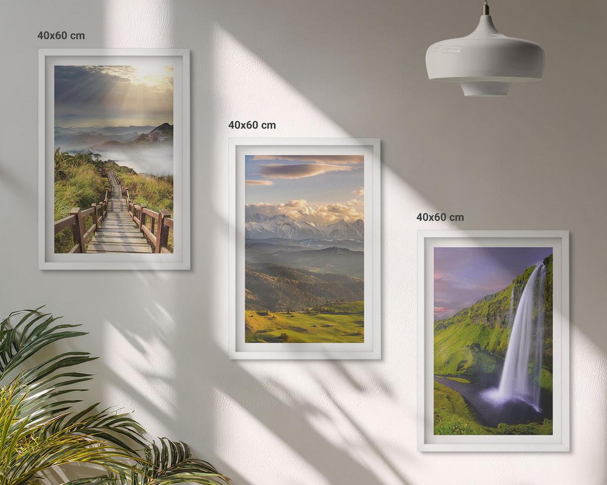 BILDER SET 3er Set - 40x60 cm Weißer Rahmen - Berglandschaften Wasserfall - Weiß, Kunststoff (40/60cm) - TULUP