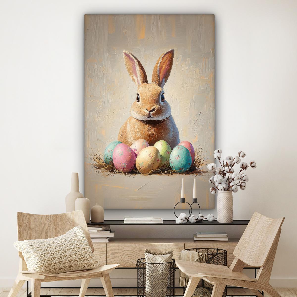 LEINWANDBILD Osterhase - Pastell - Eier Deko Groß 90x140 cm - Beige, Textil (90/140cm) - MuchoWow
