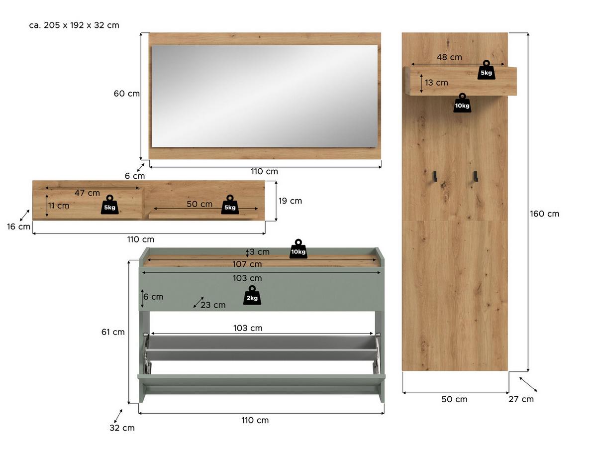 GARDEROBE-SET Salbei und Artisan Eiche, Garderobe 4-teilig, 205 x 192 cm, Borga - Salbeigrün/Eiche Artisan, Holzwerkstoff (205/192/32cm) - Inn.Furn