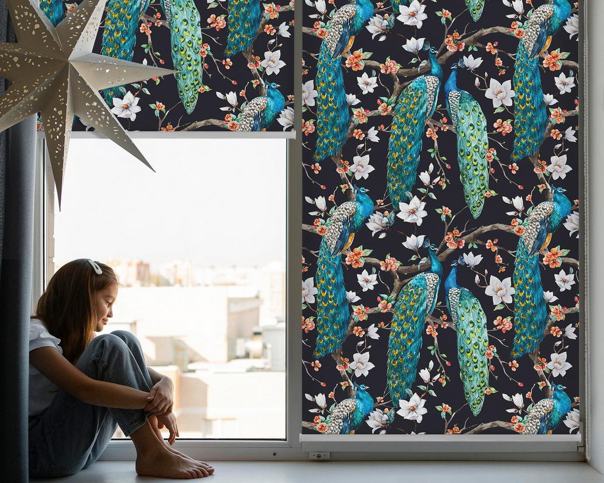 INNENROLLO - Fensterrollo - Rollo - 90x180 cm - Pfau bei den Blumen - Blau, Kunststoff (90/180/0.5cm) - TULUP