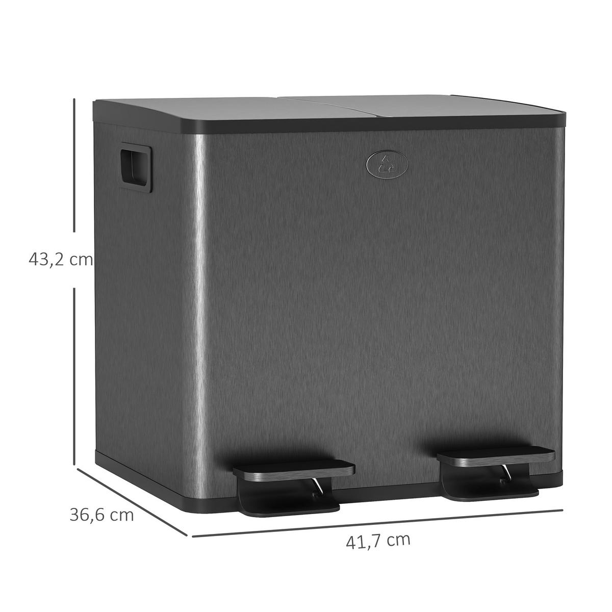 MÜLLEIMER 2 x 15L Mülltrennsystem Edelstahl mit Softclose Deckel Schwarz - Schwarz, Kunststoff (36.6/43.2/41.7cm) - HOMCOM
