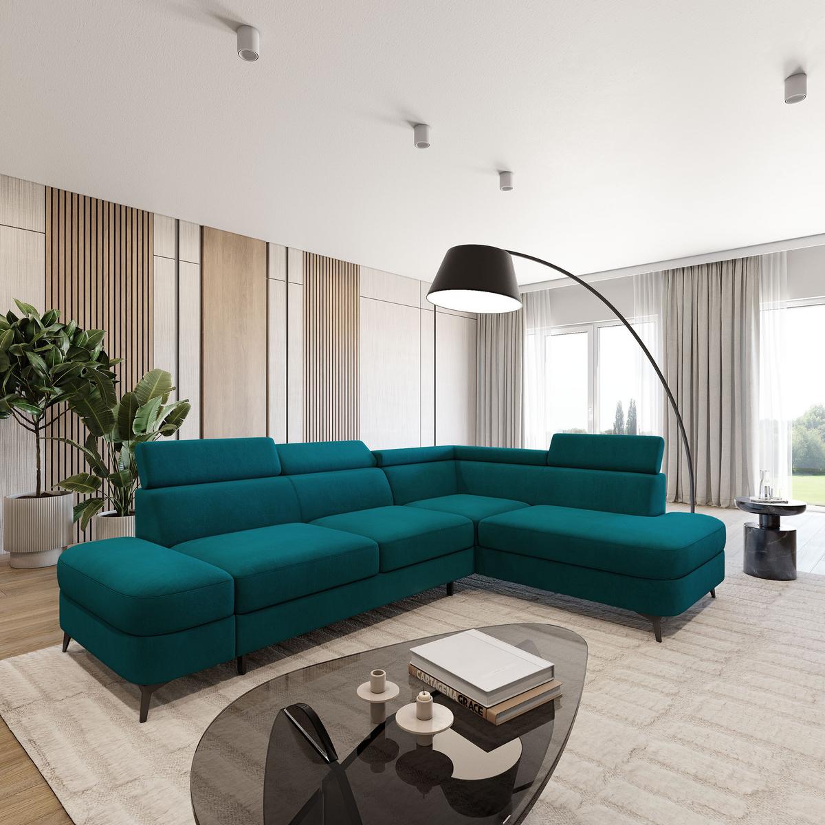 ECKSOFA AVISE MV R-S Blau Velours-Stoff mit Schlaffunktion - Blau, Holzwerkstoff/Textil (268/195cm) - MASSENO