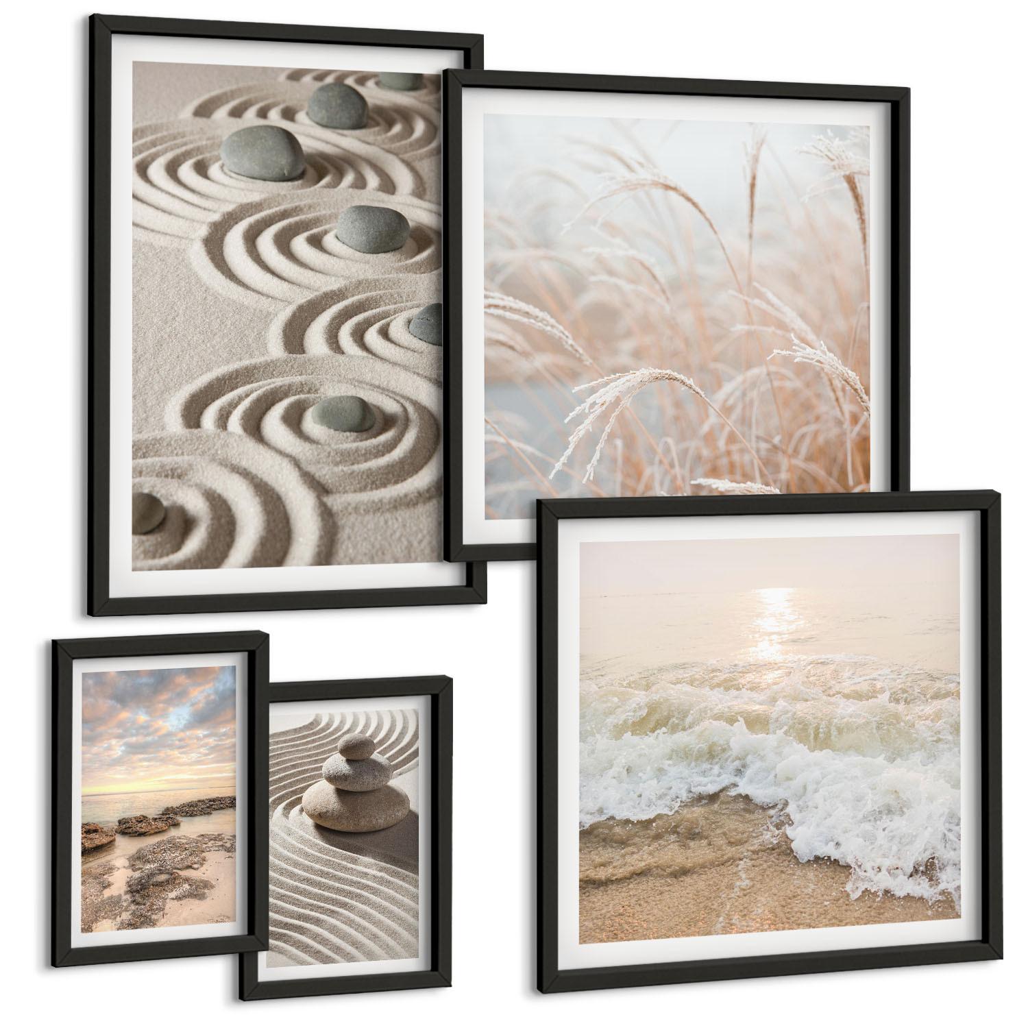 BILDER SET 5er Set - 50x50 cm & 20x30 cm & 40x60 cm Schwarzer Rahmen - Blumen im Wasser des Buddha-Wasserfalls - Schwarz, Kunststoff (40/60cm) - TULUP