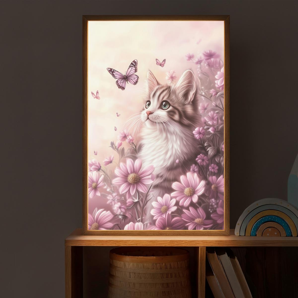 WANDLEUCHTE MIT AKKU Kätzchen - Blumen - Schmetterlinge - Lila 40x60 cm - Altrosa, Holzwerkstoff (40/60/8cm) - OnlyWow