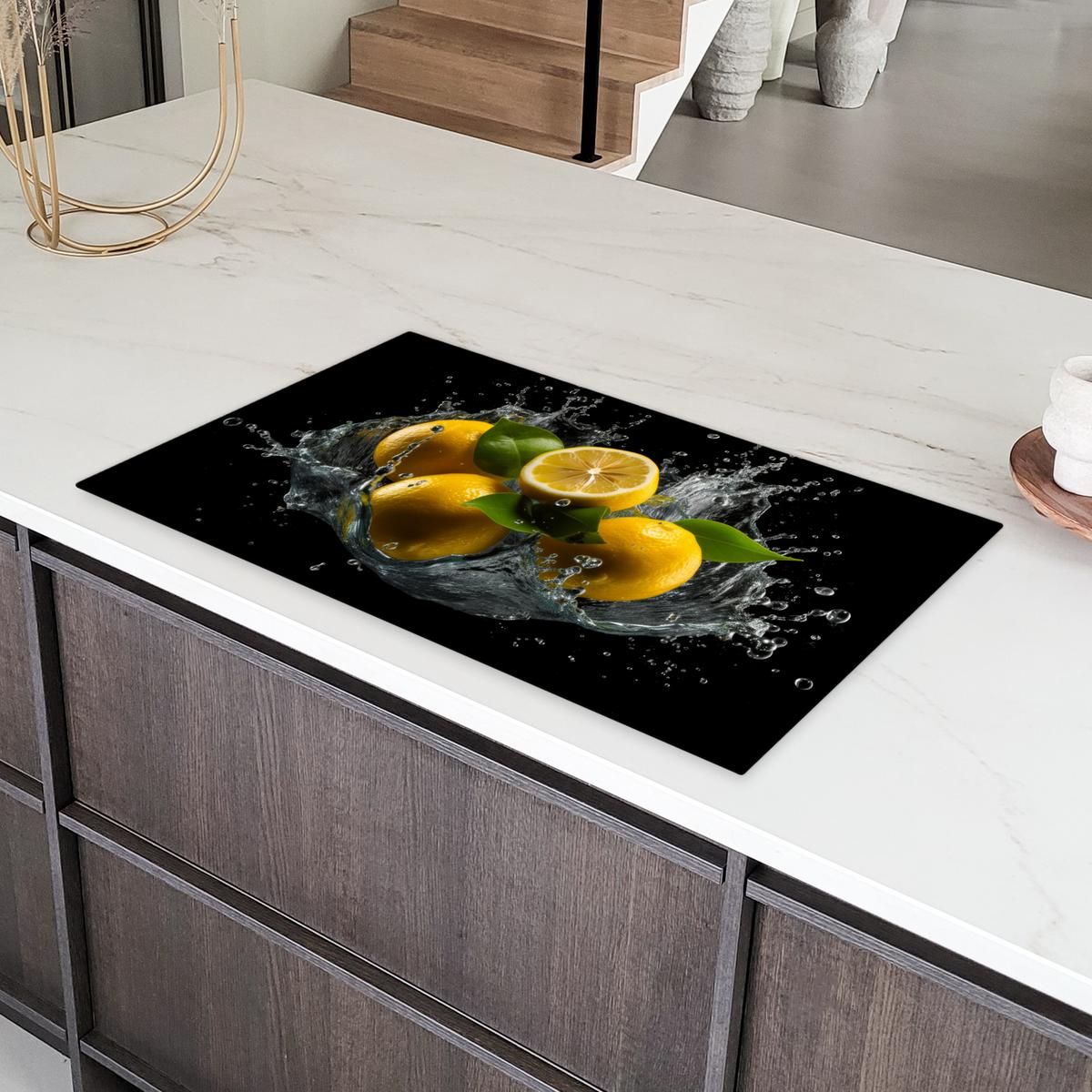 HERDABDECKPLATTE Zitrone - Obst - Gelb - Schwarz Induktionsschutz 91.6x52.7 cm - Gelb, Kunststoff (91.6/52.7/0.2cm) - MuchoWow
