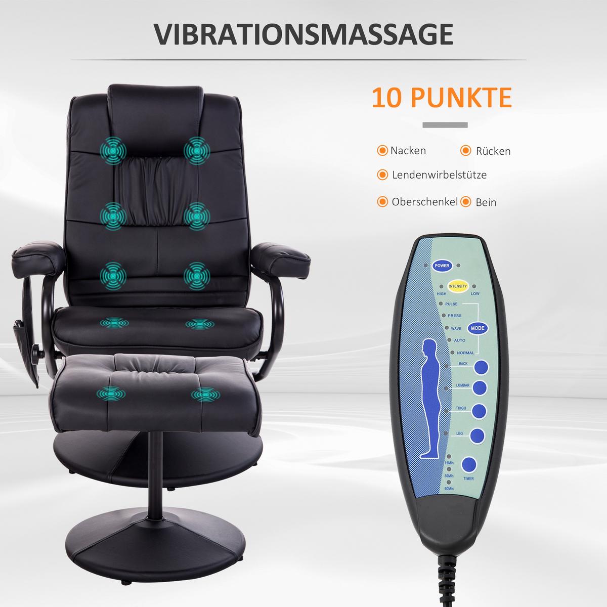 MASSAGESESSEL mit Hocker, Relaxsessel mit Liegefunktion, Massagefunktion Schwarz - Schwarz, Leder/Kunststoff (84/95/77cm) - HOMCOM