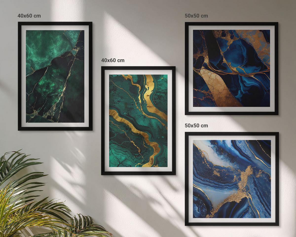 BILDER SET 4er Set - 50x50 cm & 40x60 cm Schwarzer Rahmen - Elegante Muster auf Steinen - Schwarz, Kunststoff (50/50cm) - TULUP