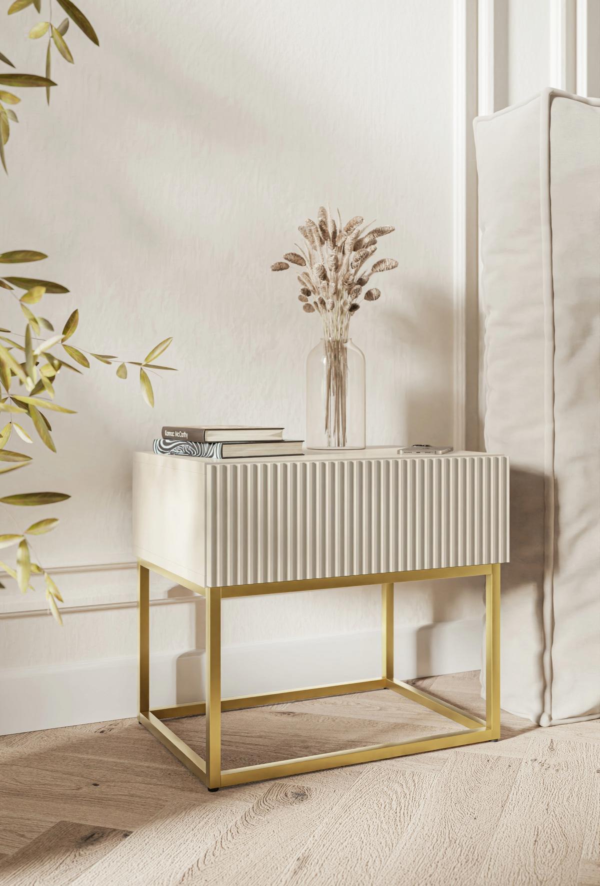 NACHTSCHRANK Veldio Graubeige mit goldenen Metallbeinen 50 cm - Taupe/Greige, Holzwerkstoff/Metall (50/44/35.6cm) - Selsey