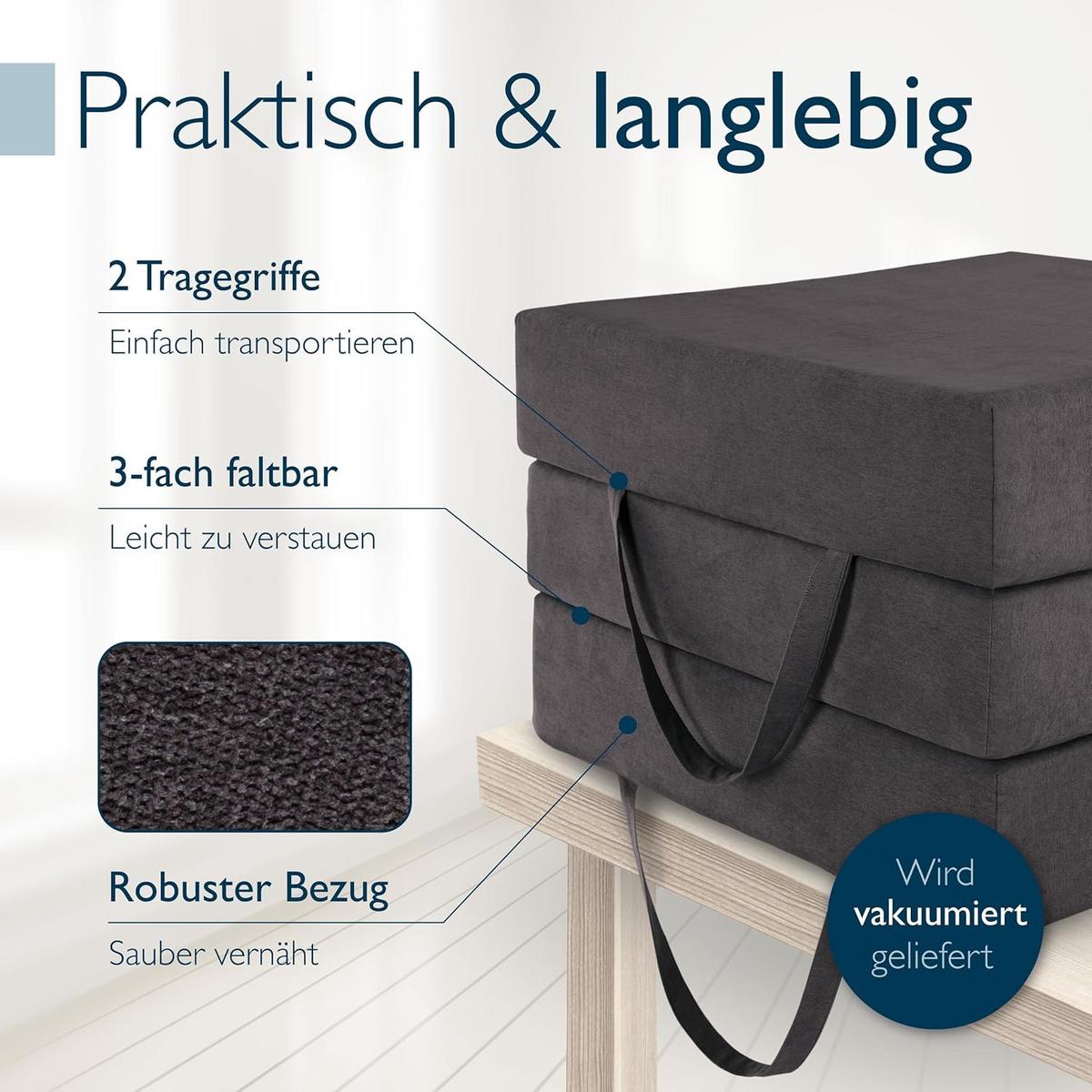 VISCO KLAPPMATRATZE VS95195x75x14cm mit Husse Anthrazit (2tlg) - Anthrazit, Textil - Beautissu 