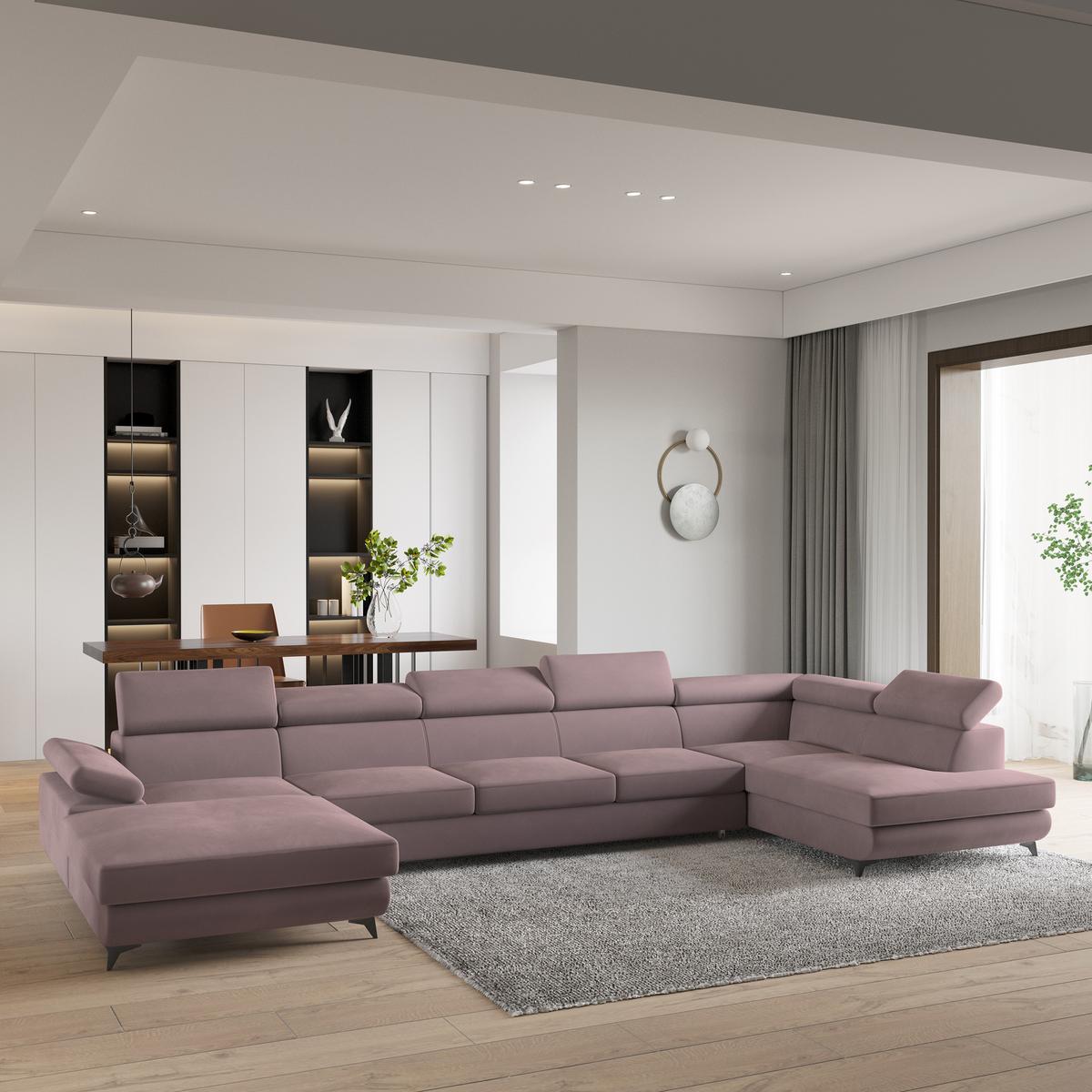 WOHNLANDSCHAFT MONTIVA Lila Velours-Stoff mit Schlaffunktion - Lila, Holz (410/89/190cm) - MASSENO