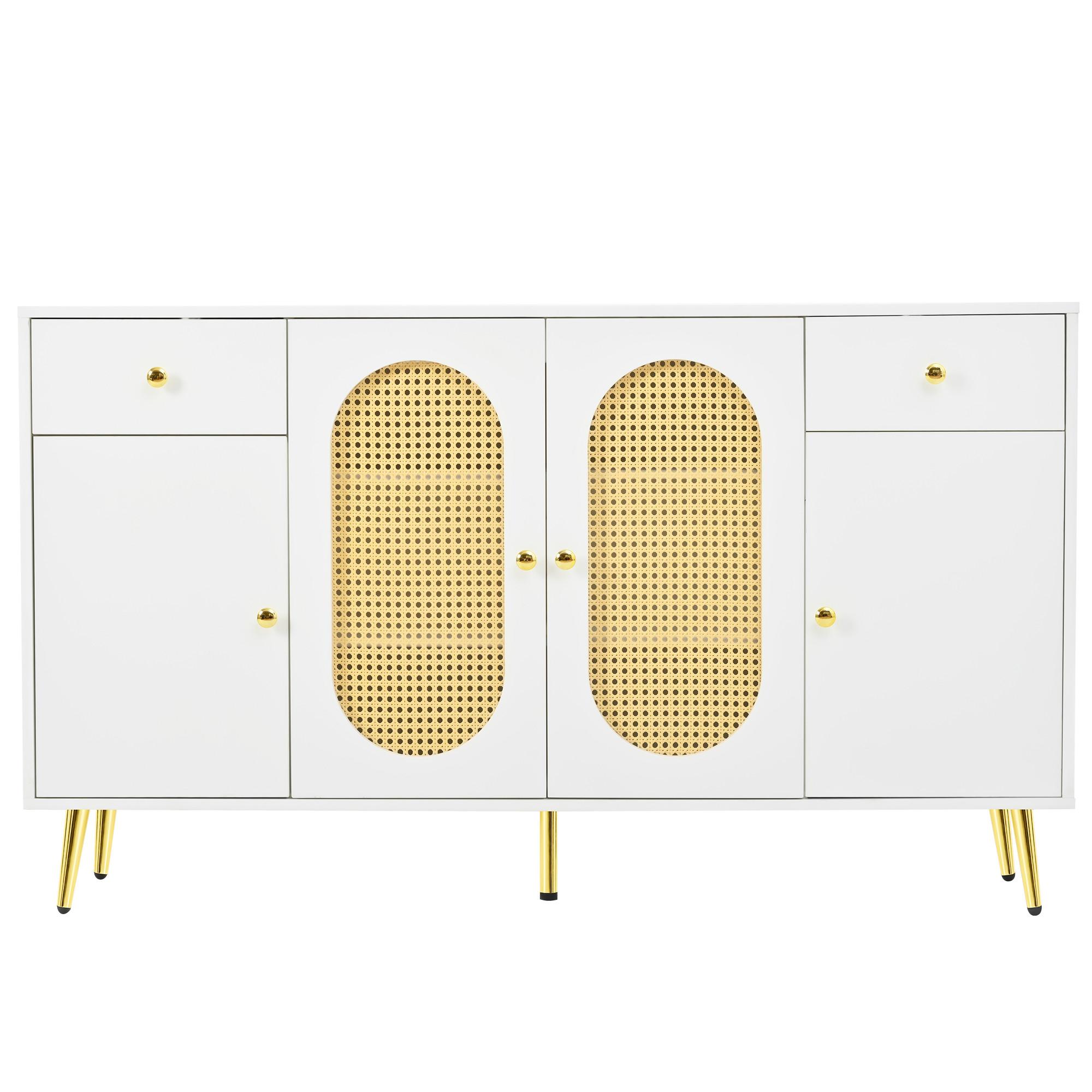 SIDEBOARD weiß rattan 140cm 4 türen 2 schubladen - Weiß, Holzwerkstoff (140/82/35cm) - Urban Meuble
