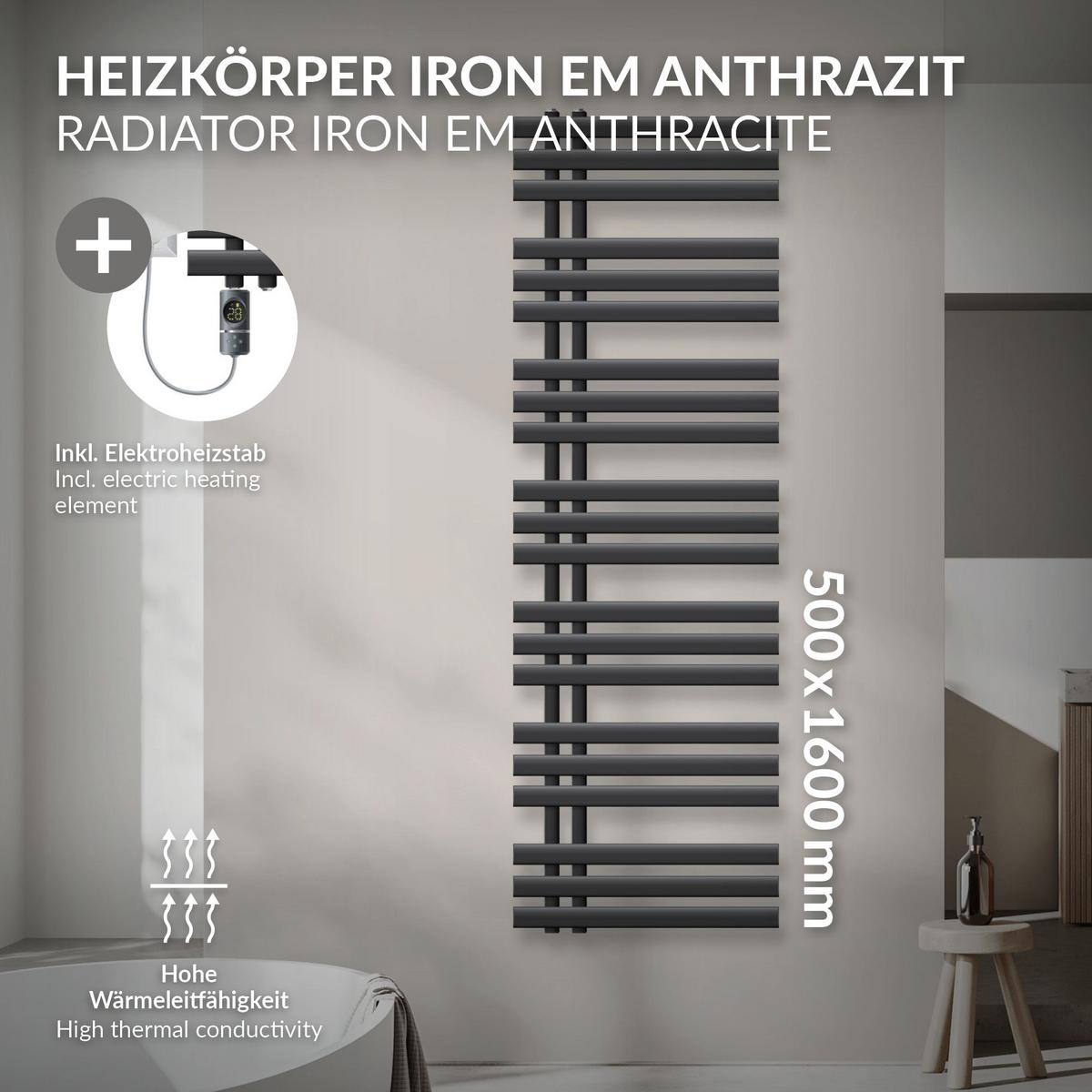 BADHEIZKÖRPER elektrisch Iron EM 500x1600 mm Anthrazit mit Heizstab 1200W Digital - Anthrazit, Metall (50/160/3cm) - LuxeBath