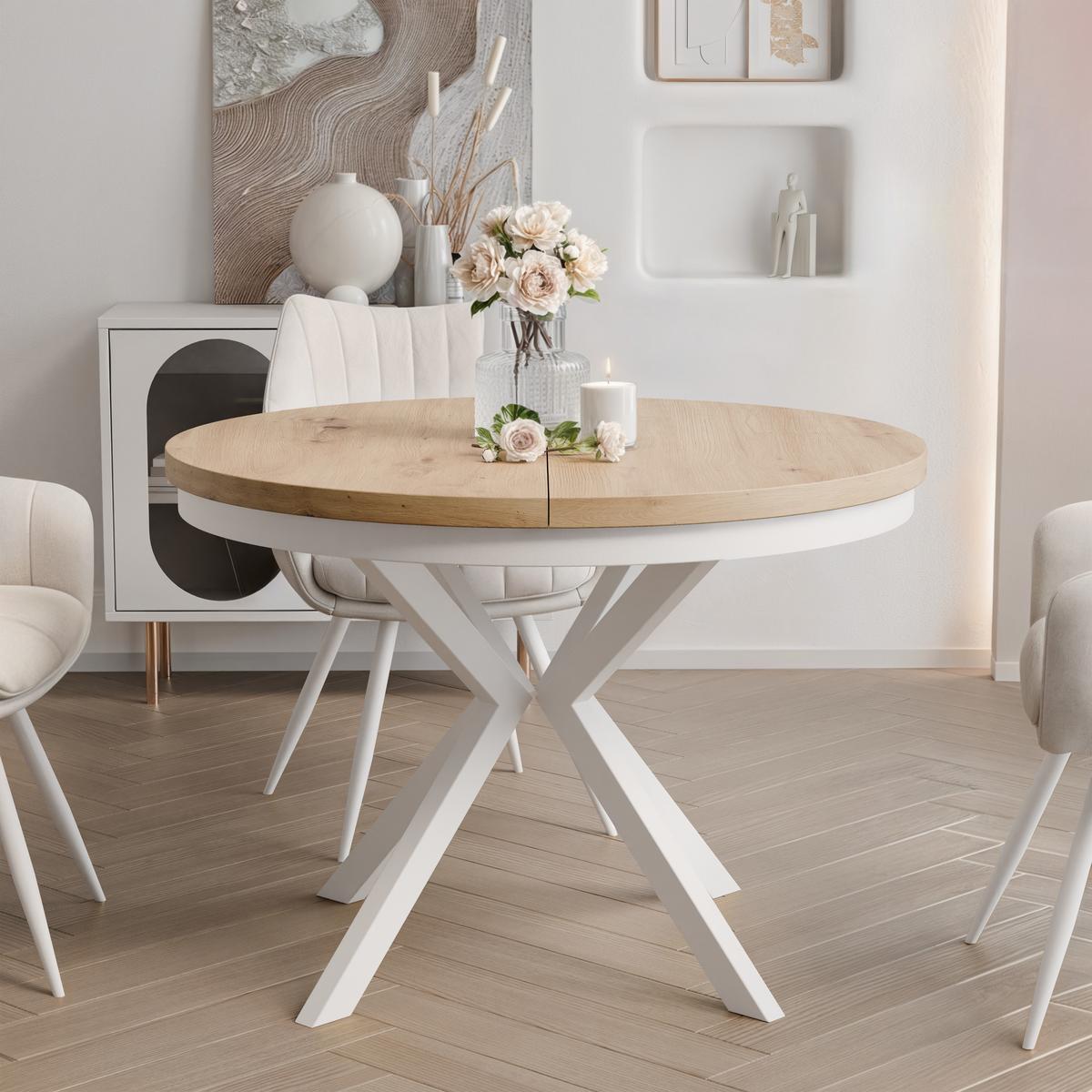 AUSZIEHTISCH MILTON 90-166/76 cm mit Metallgestell und Zarge, Weiß / Artisan-Eiche - Eiche Artisan/Weiß, Holzwerkstoff/Metall (90/90/76cm) - Idohome