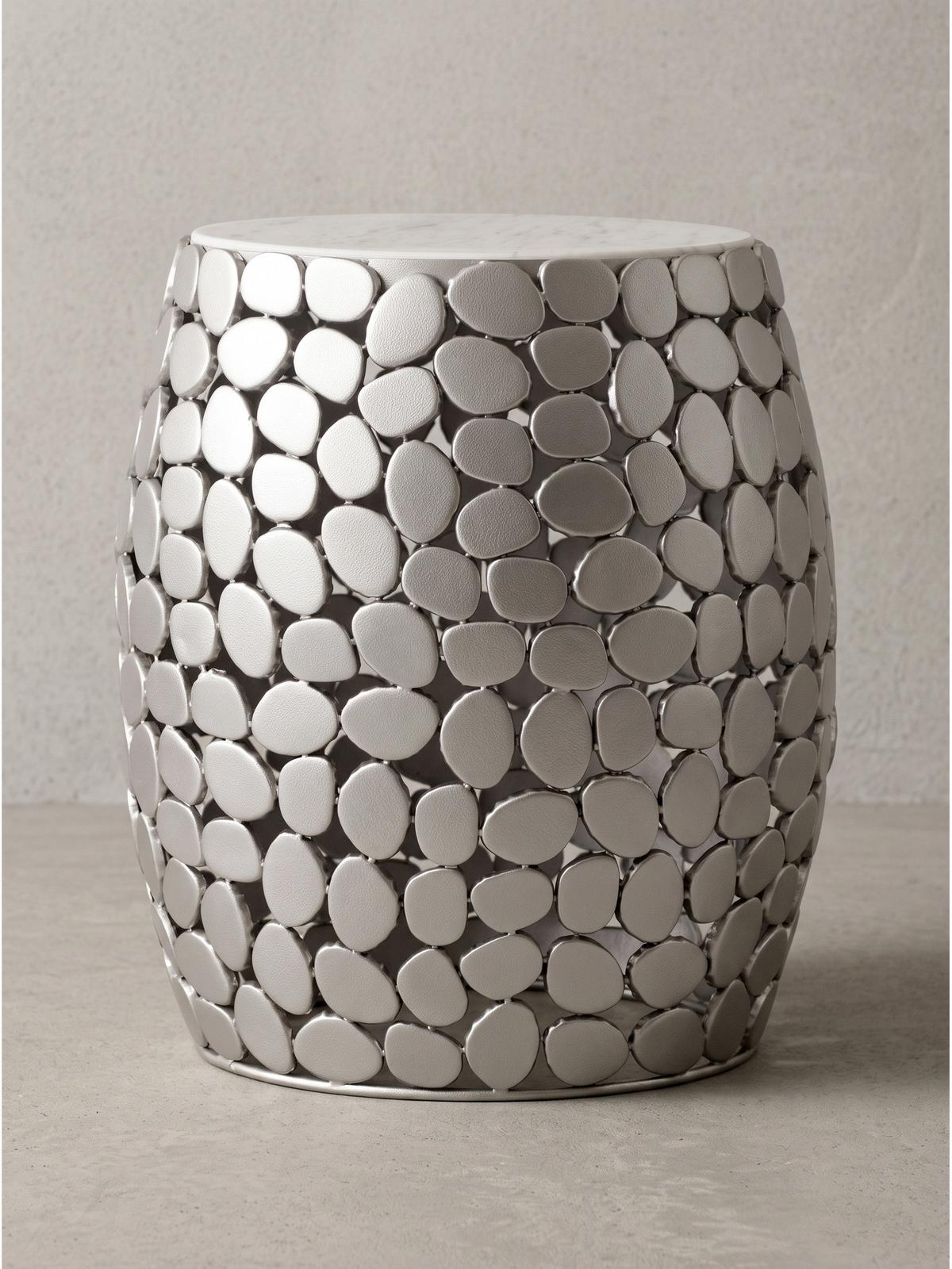 BEISTELLTISCH DIEMEL, Marmor, handgefertigt, Silber-Weiß, Ø 40 x 46 cm - Silberfarben, Stein/Metall (40/40/46cm) - KADIMA DESIGN