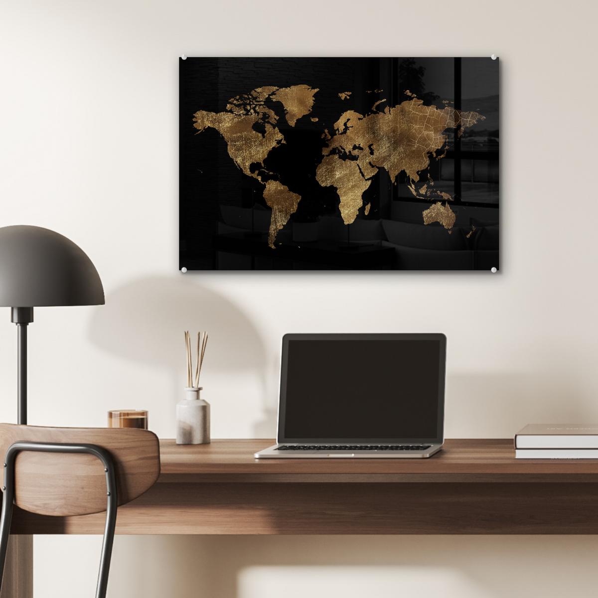 ACRYLGLASBILD Weltkarte - Gold - Luxus - Erde - Schwarz Wanddeko 60x40 cm - Goldfarben, Glas (60/40cm) - MuchoWow
